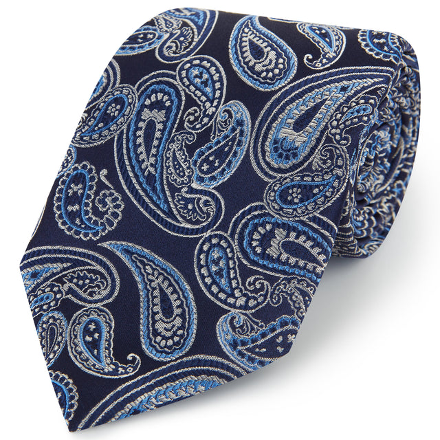 Navy Large Paisley Woven Silk Tie