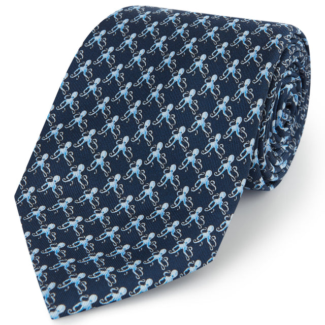 Navy Blue Octopus Printed Silk Tie