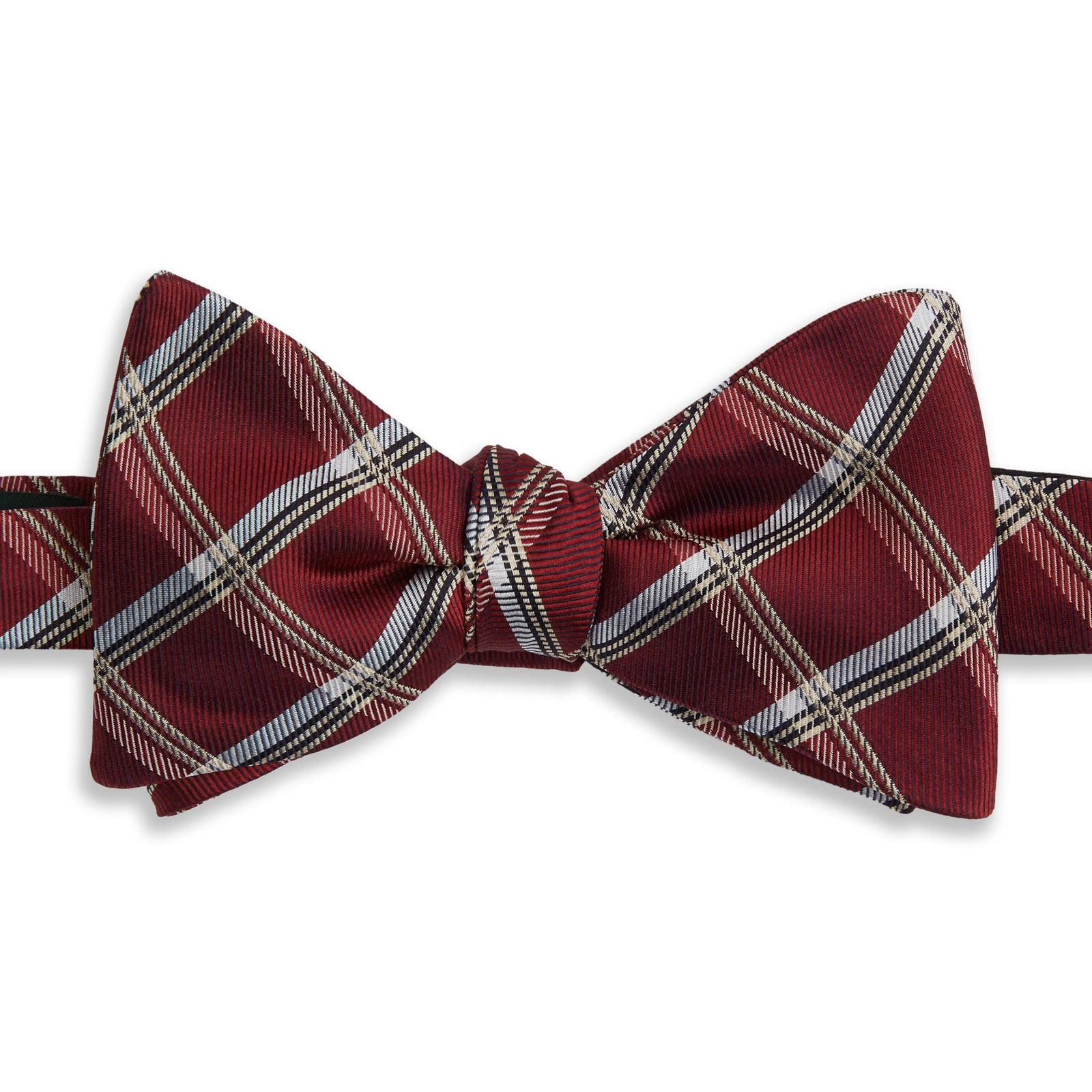 Burgundy Plaid Check Woven Silk Bow Tie