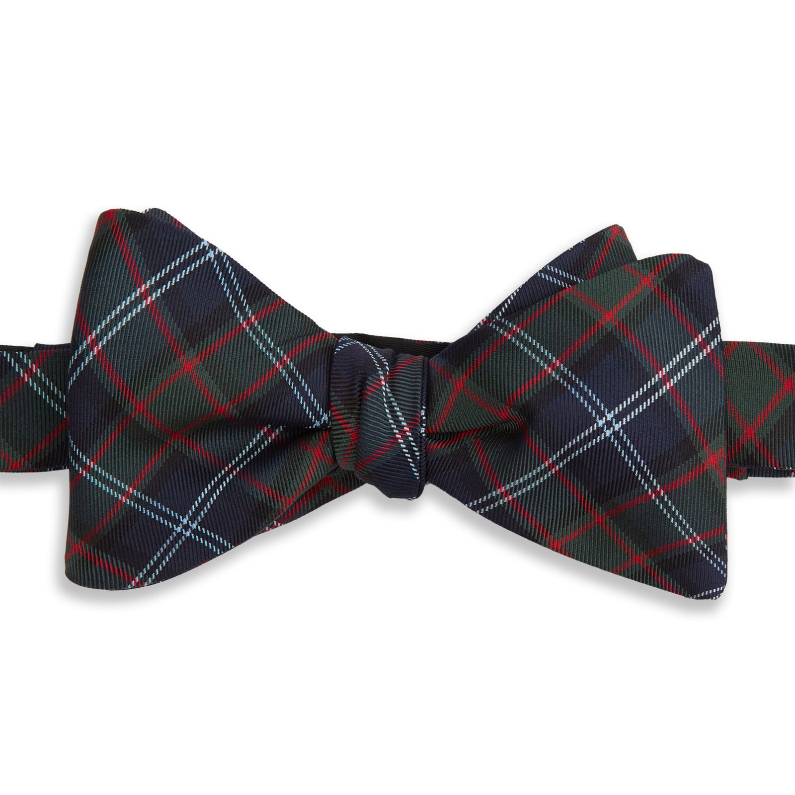 Navy and Green Plaid Check Woven Silk Bow Tie