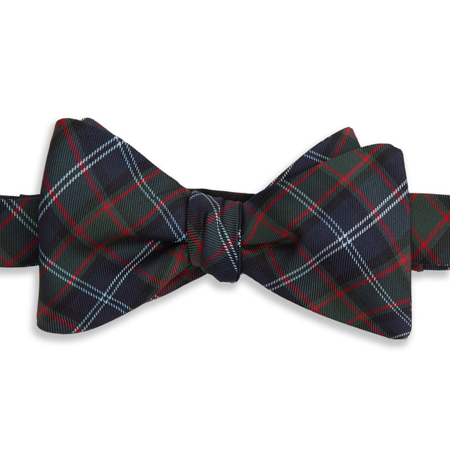 Navy and Green Plaid Check Woven Silk Bow Tie