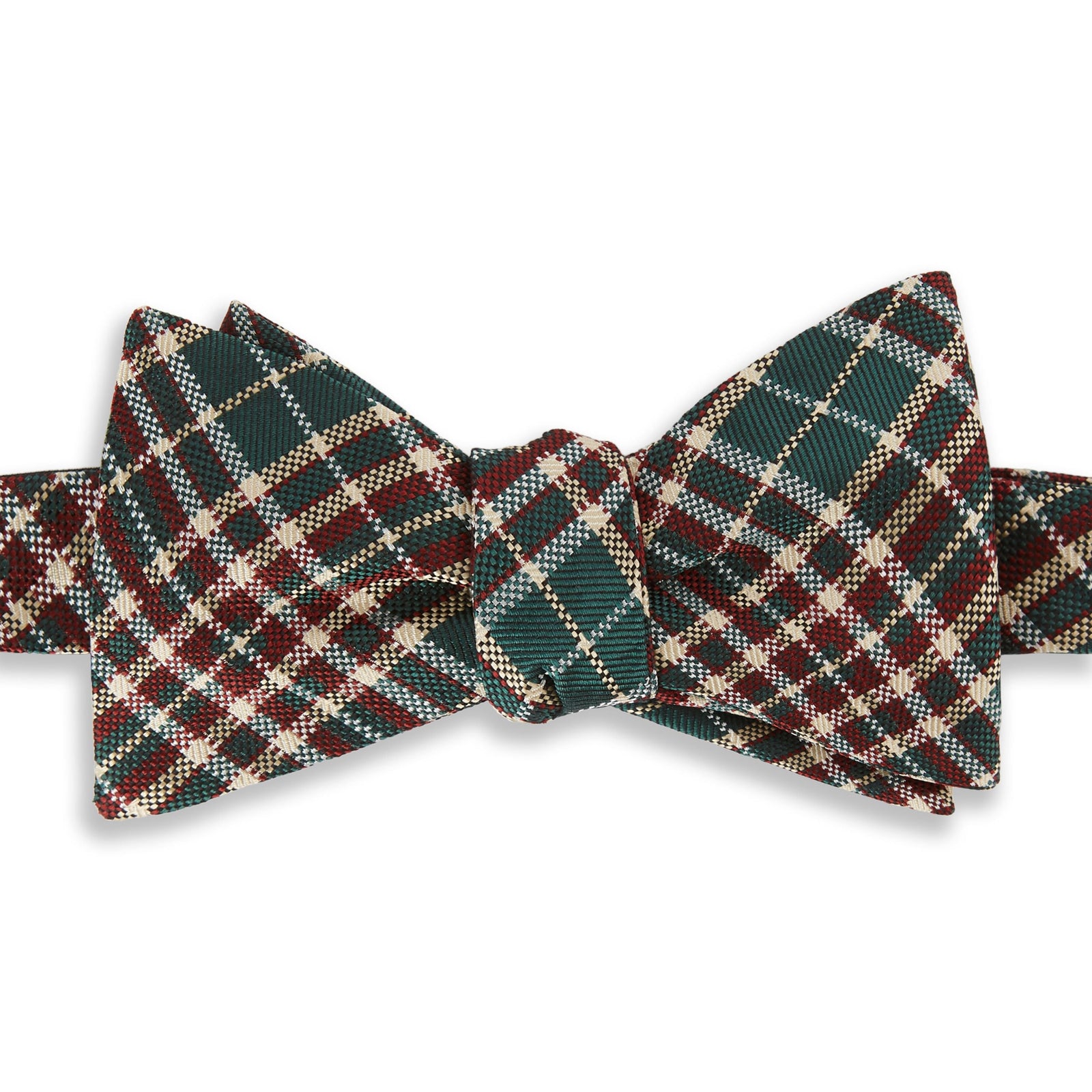 Green and Burgundy Plaid Woven Silk Bow Tie