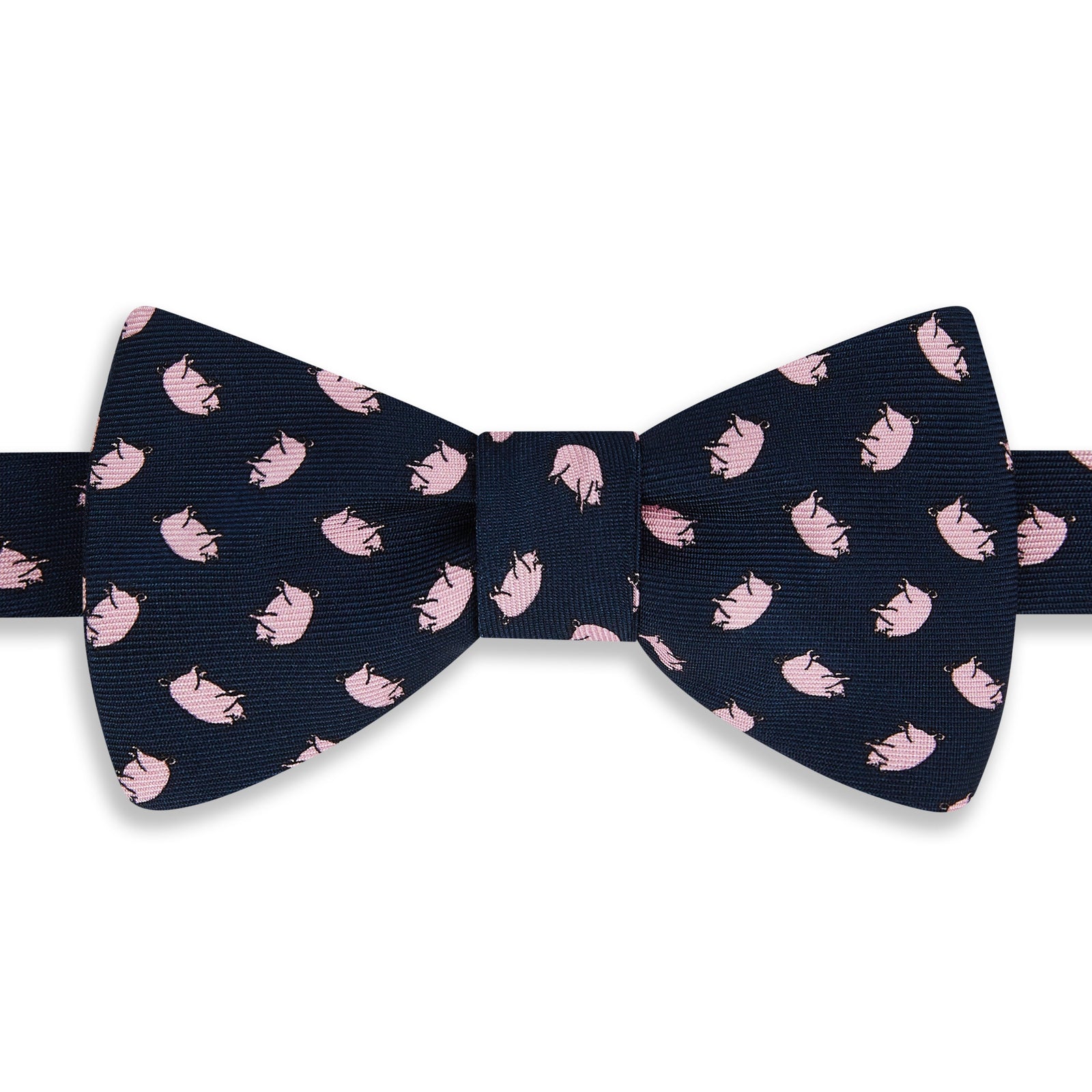 Navy Pink Micro Pig Motif Printed Silk Bow Tie