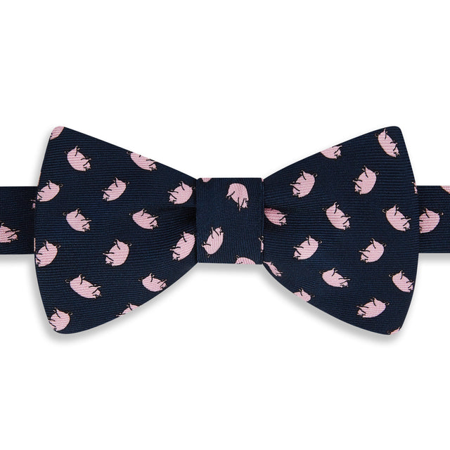 Navy Pink Micro Pig Motif Printed Silk Bow Tie