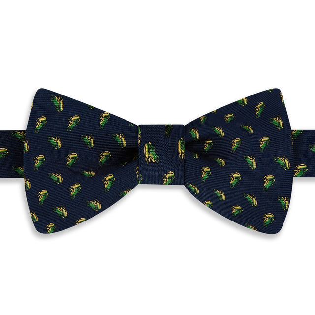 Navy Green Micro Frog Motif Printed Silk Bow Tie