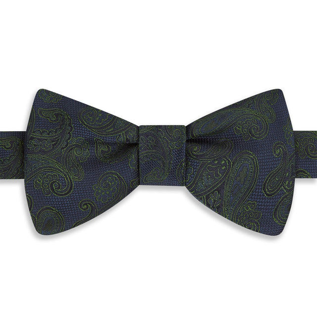 Navy Green Paisley Woven Silk Bow Tie