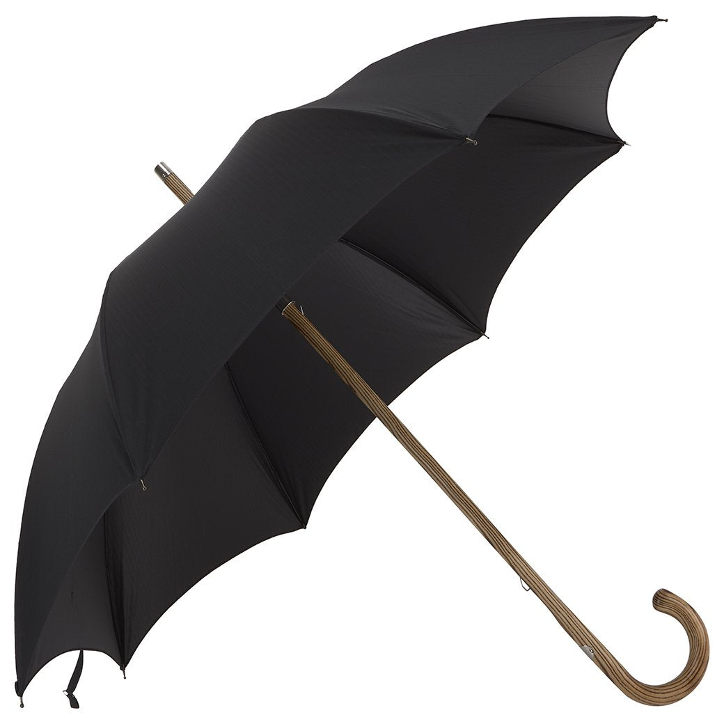 Hickory Wood-Handle Herringbone Black Umbrella