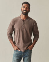 Men's Broken-In Premium Slub Long Sleeve Henley - Washed Coffee Quartz