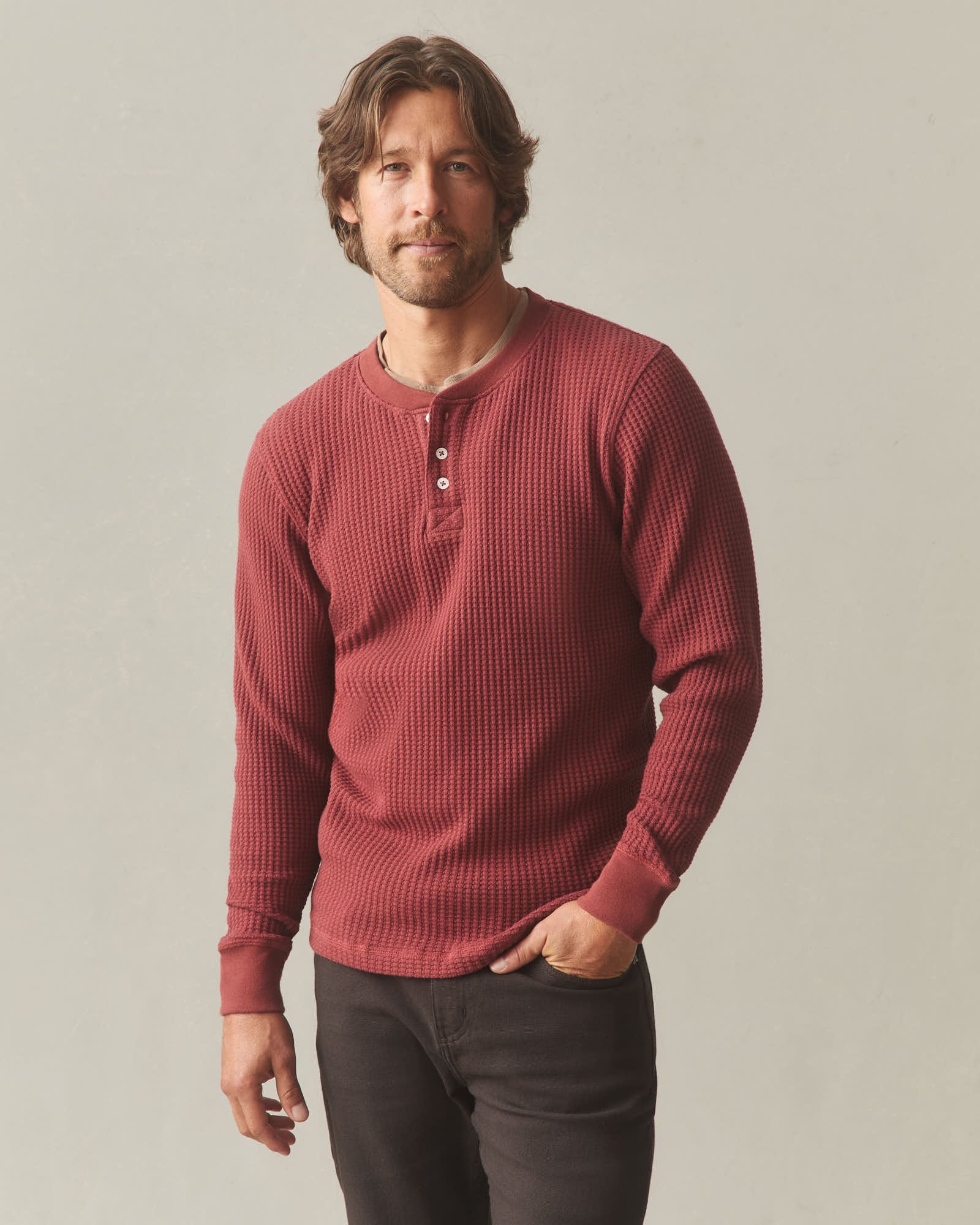Men S Waffle Long Sleeve Henley Spiced Apple
