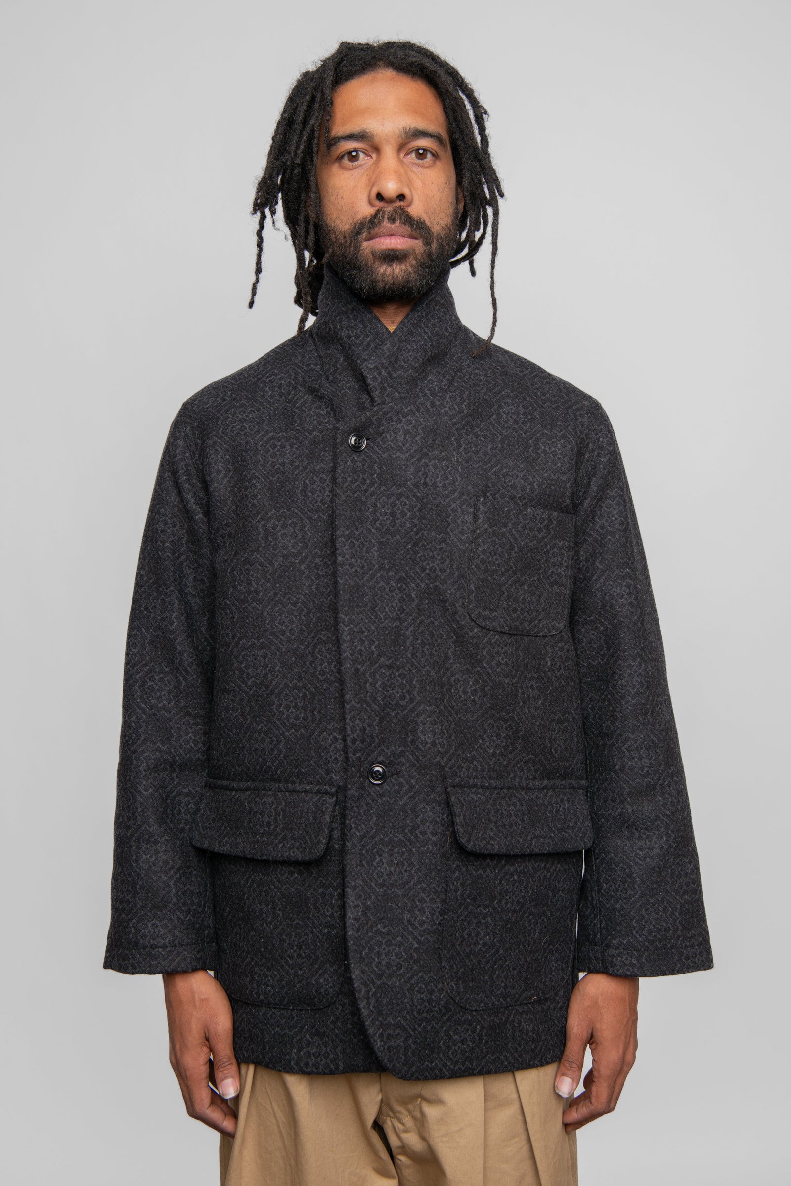 Drop Lapel Long Jacket Damask Wool Monitaly