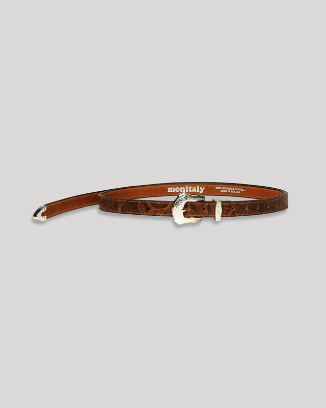 Extra Long Leather Belt with 3-pc Silver Buckle Sett - Floral Med. Brown — MONITALY
