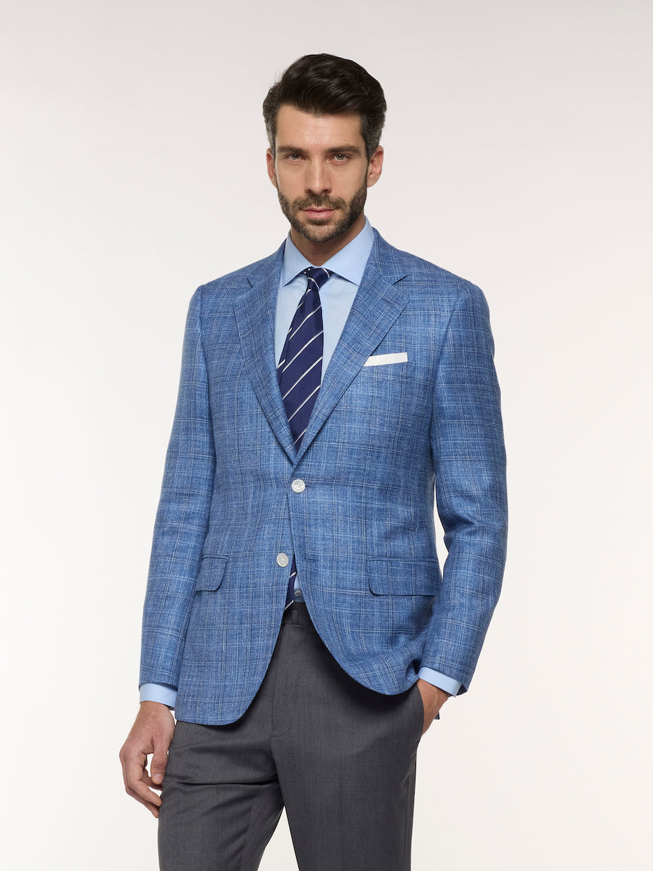 Giacca Macbeth In Lana Seta Lino A Quadri Azzurra