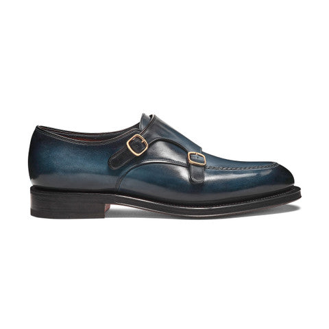 Men's blue leather double monk straps shoe