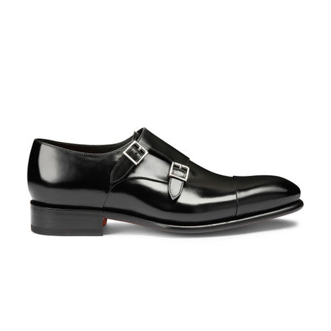 Men's polished black leather double monk straps shoe
