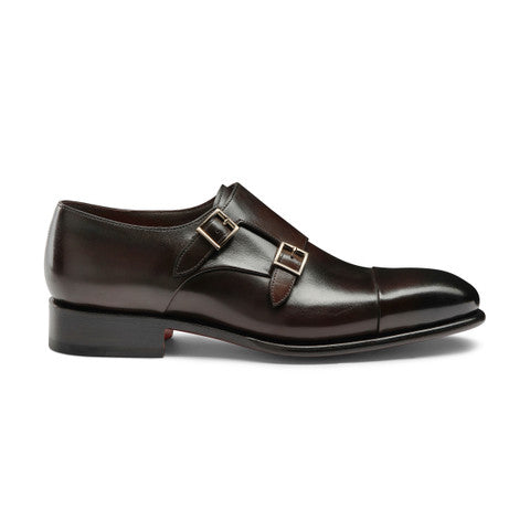 Men's polished brown leather double monk straps shoe