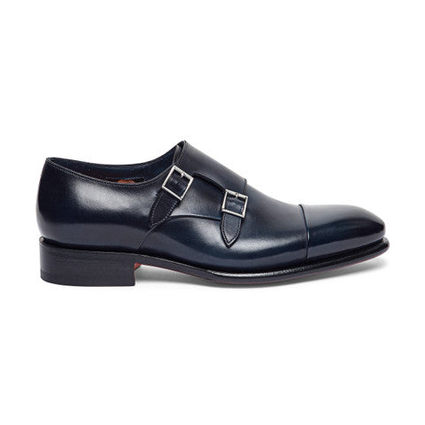 Men’s polished blue leather double monk straps shoe