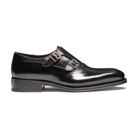 Men's black leather double monk straps brogue shoe