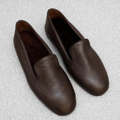 Chaussons marron foncé fourrés - Cuir grainé