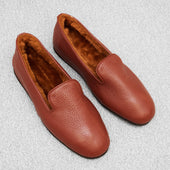 Chaussons marron fourrés - Cuir grainé