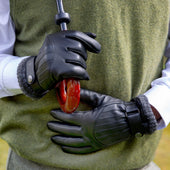 Men’s Touchscreen Wool Blend-Lined Leather Gloves with Vertical Stitch Design and Knitted Cuffs