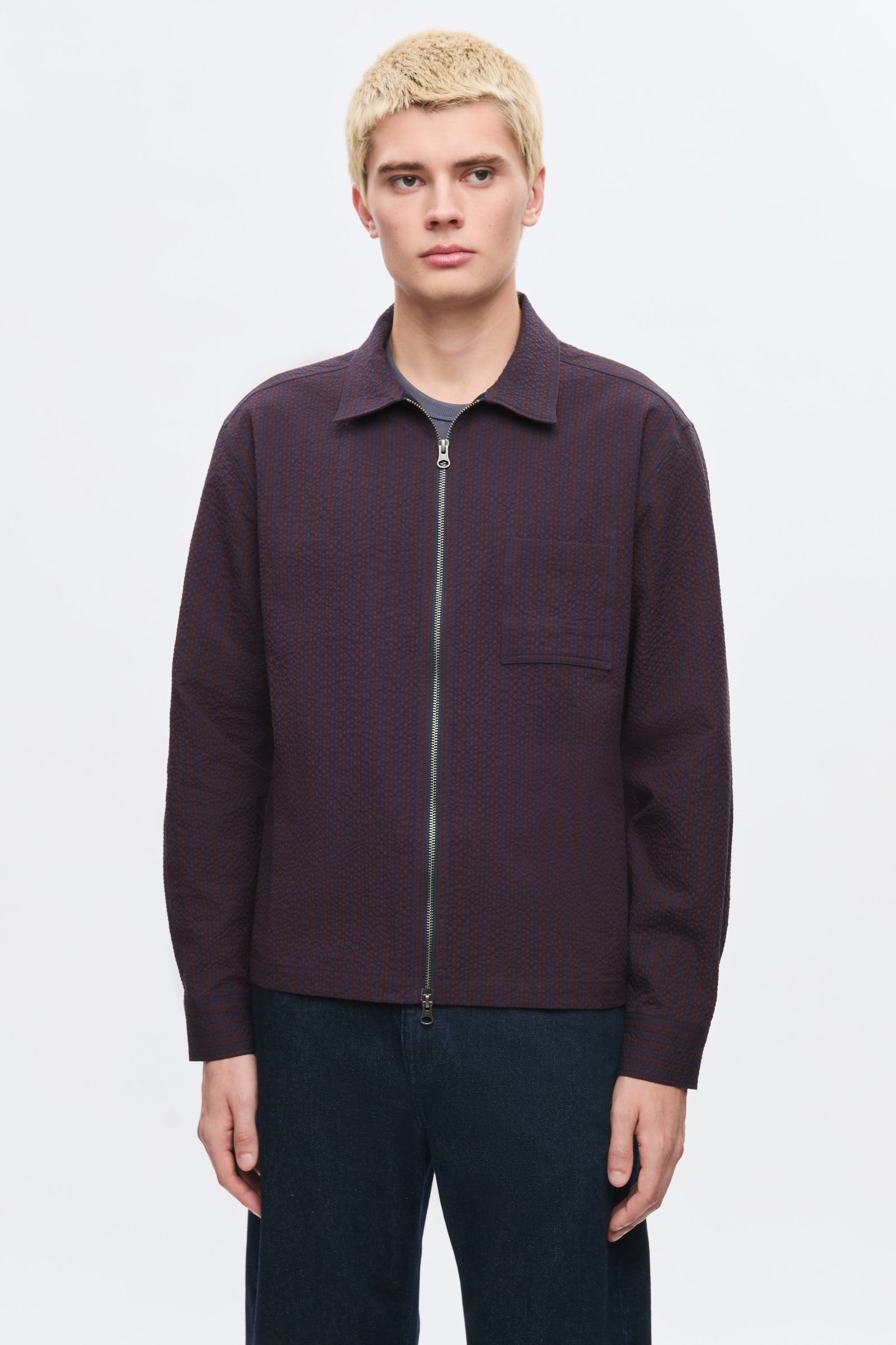 Men's Full Zip Shirt in Cocoa/Navy