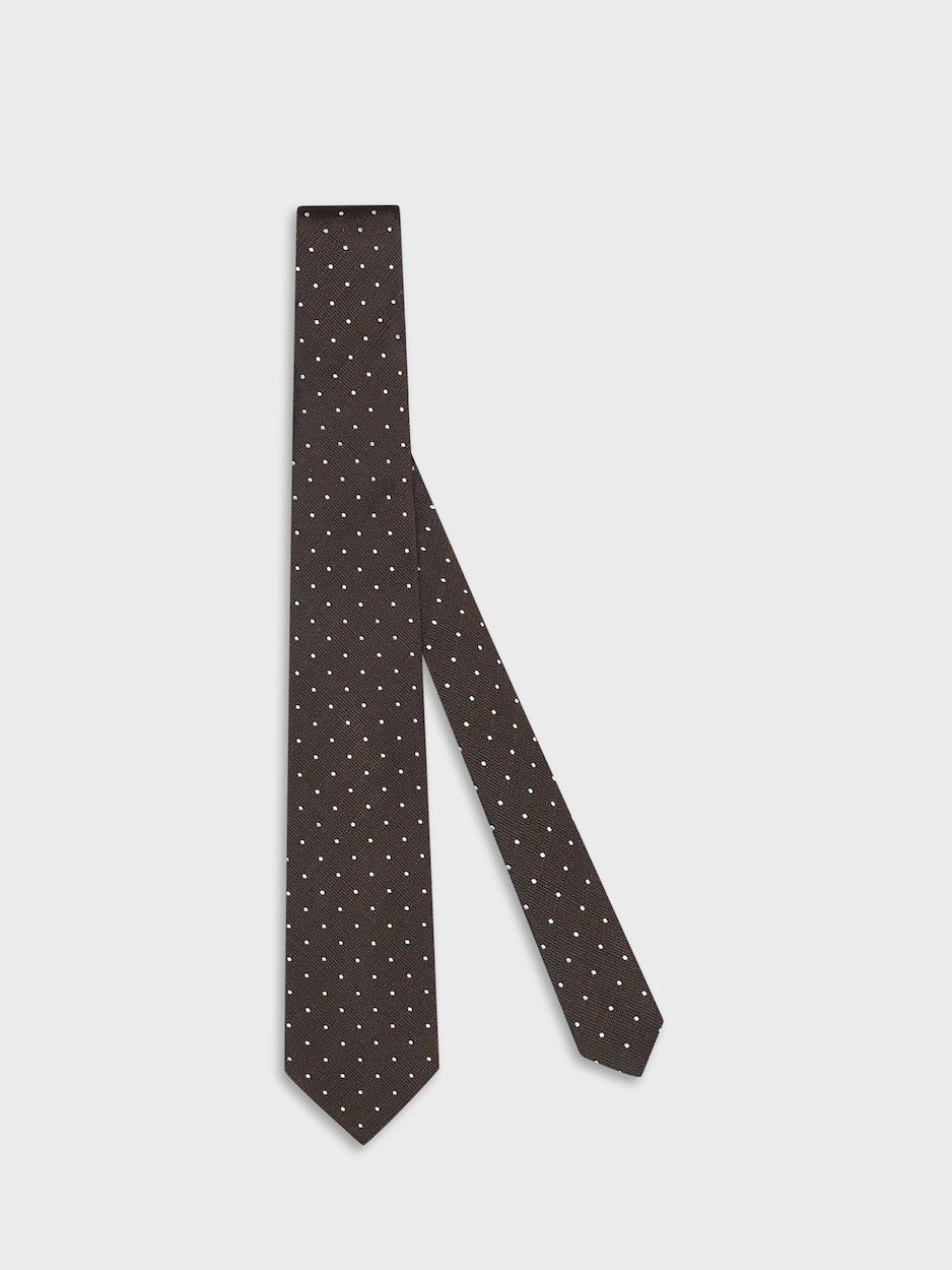 Cravatta In Seta Jacquard A Pois Marrone