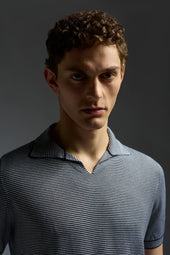 Silk and Cashmere Microstripes Open Collar Polo