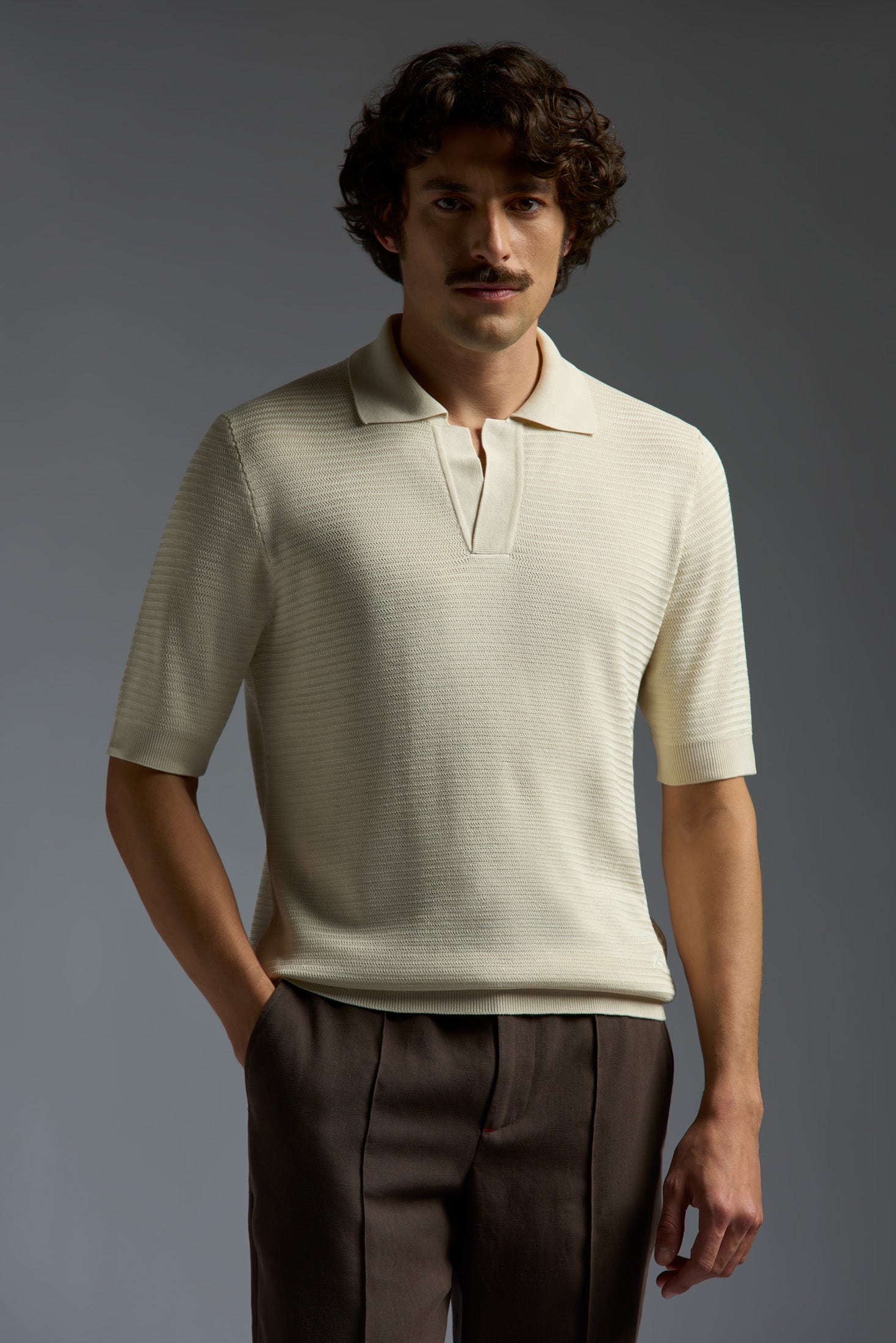 Open Collar Polo Solid Silk Stitch Details F 12