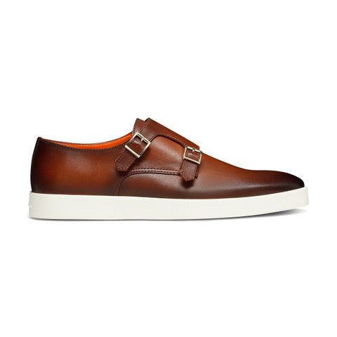 Men's brown leather double monk straps shoe