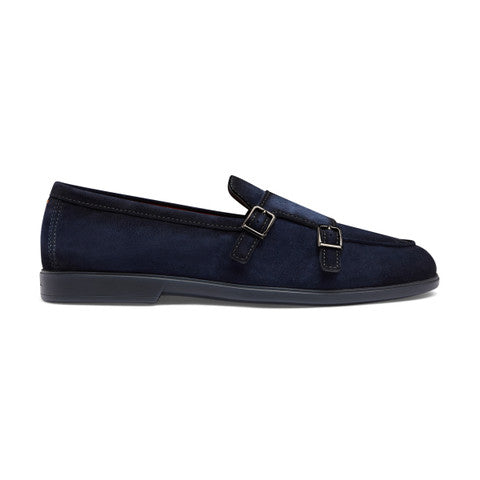 Men's blue suede double monk straps loafer