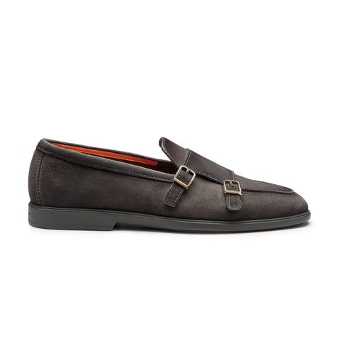 Men's grey suede double-monk loafer