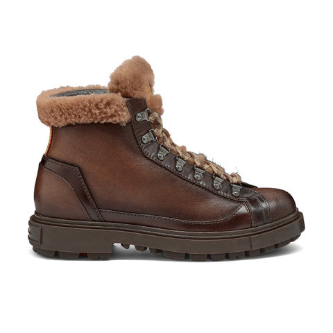 Men's dark brown leather hiking boot with fur