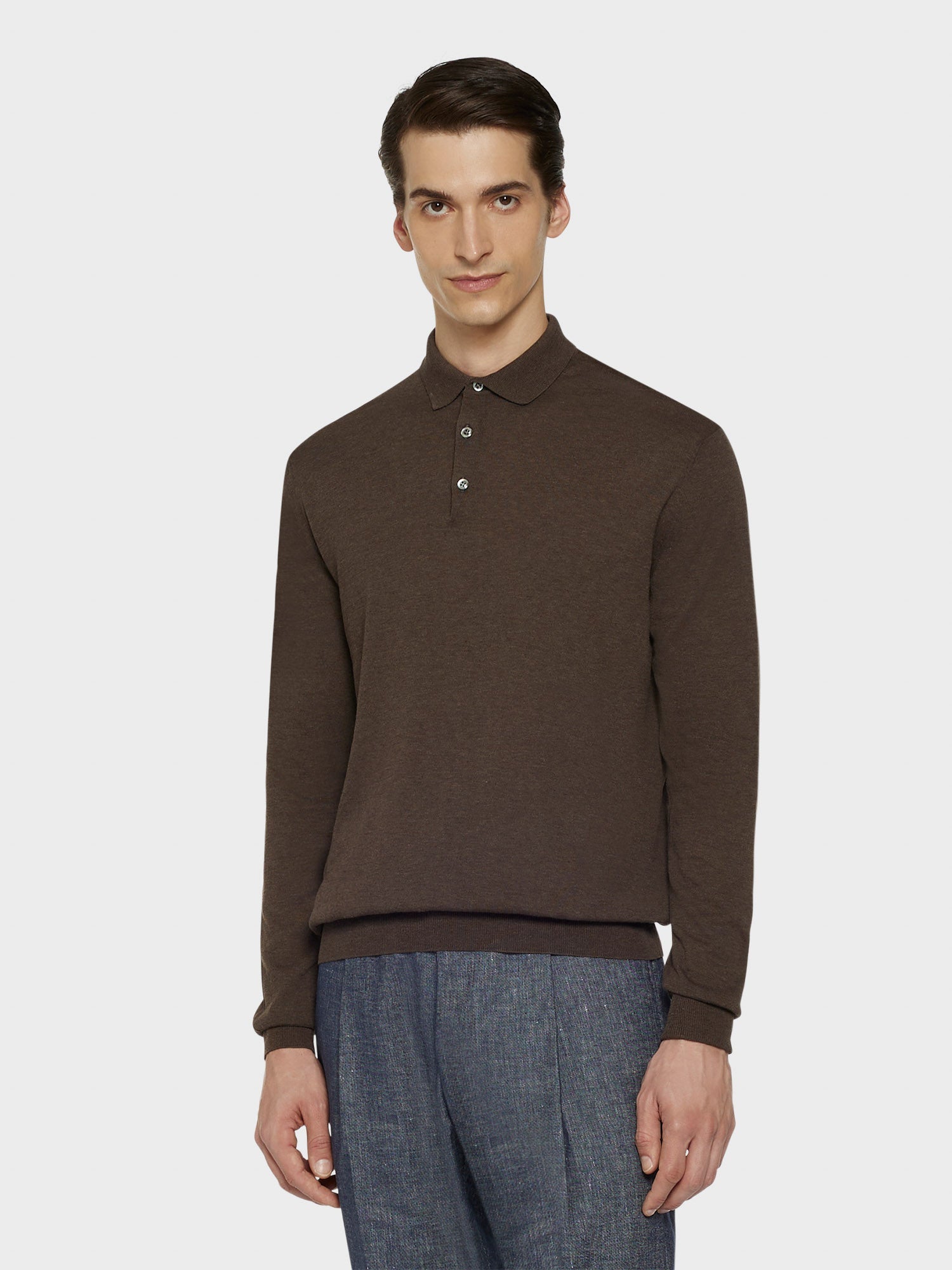 Polo A Maniche Lunghe In Cotone Marrone