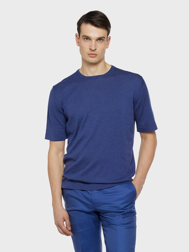 T-shirt in maglia di seta e cotone blu