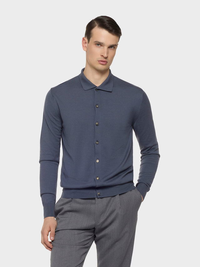 Polo cardigan a maniche lunghe in seta e cotone blu