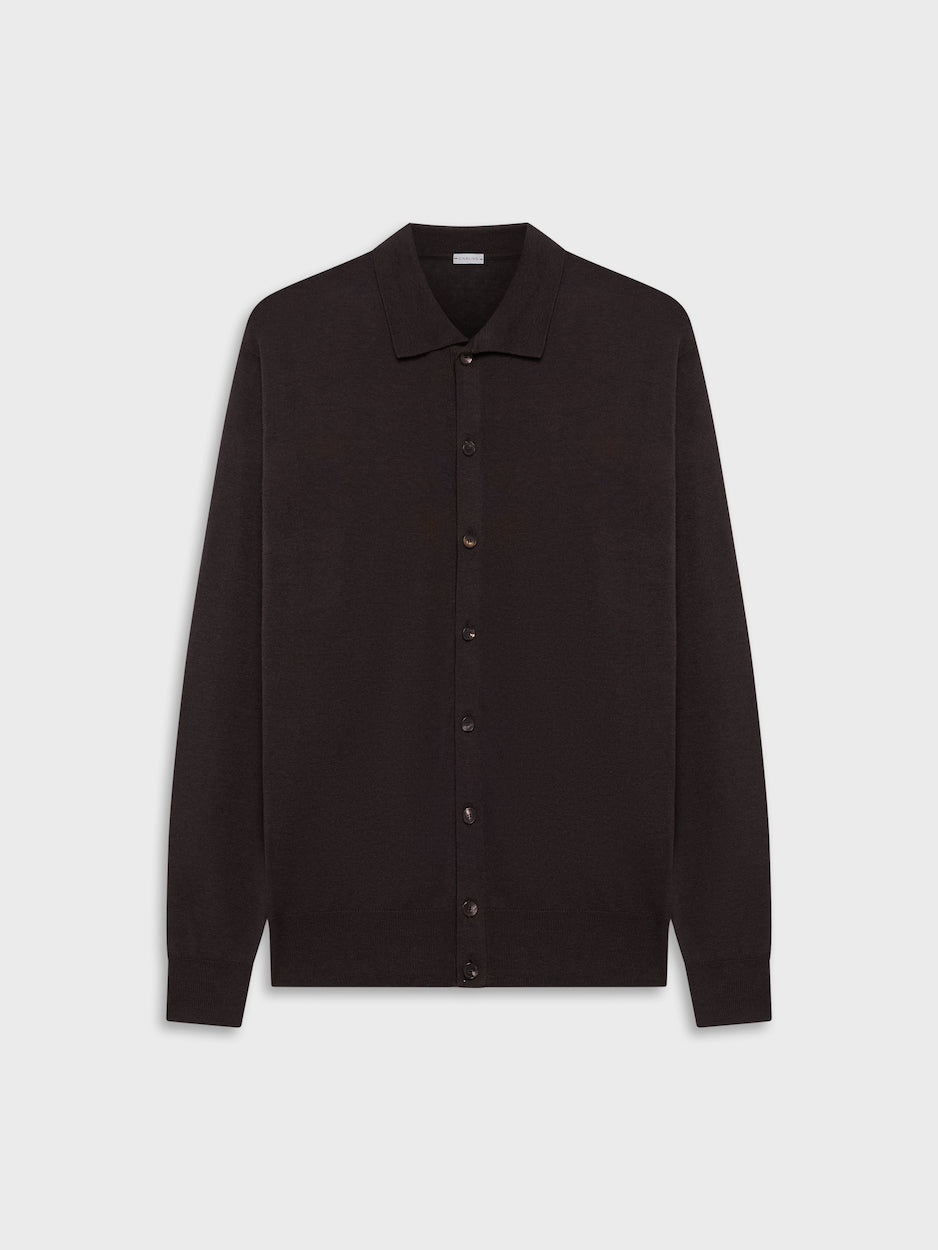 Polo cardigan a maniche lunghe in seta e cotone marrone