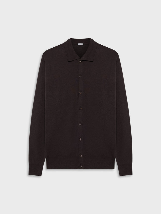 Polo cardigan a maniche lunghe in seta e cotone marrone