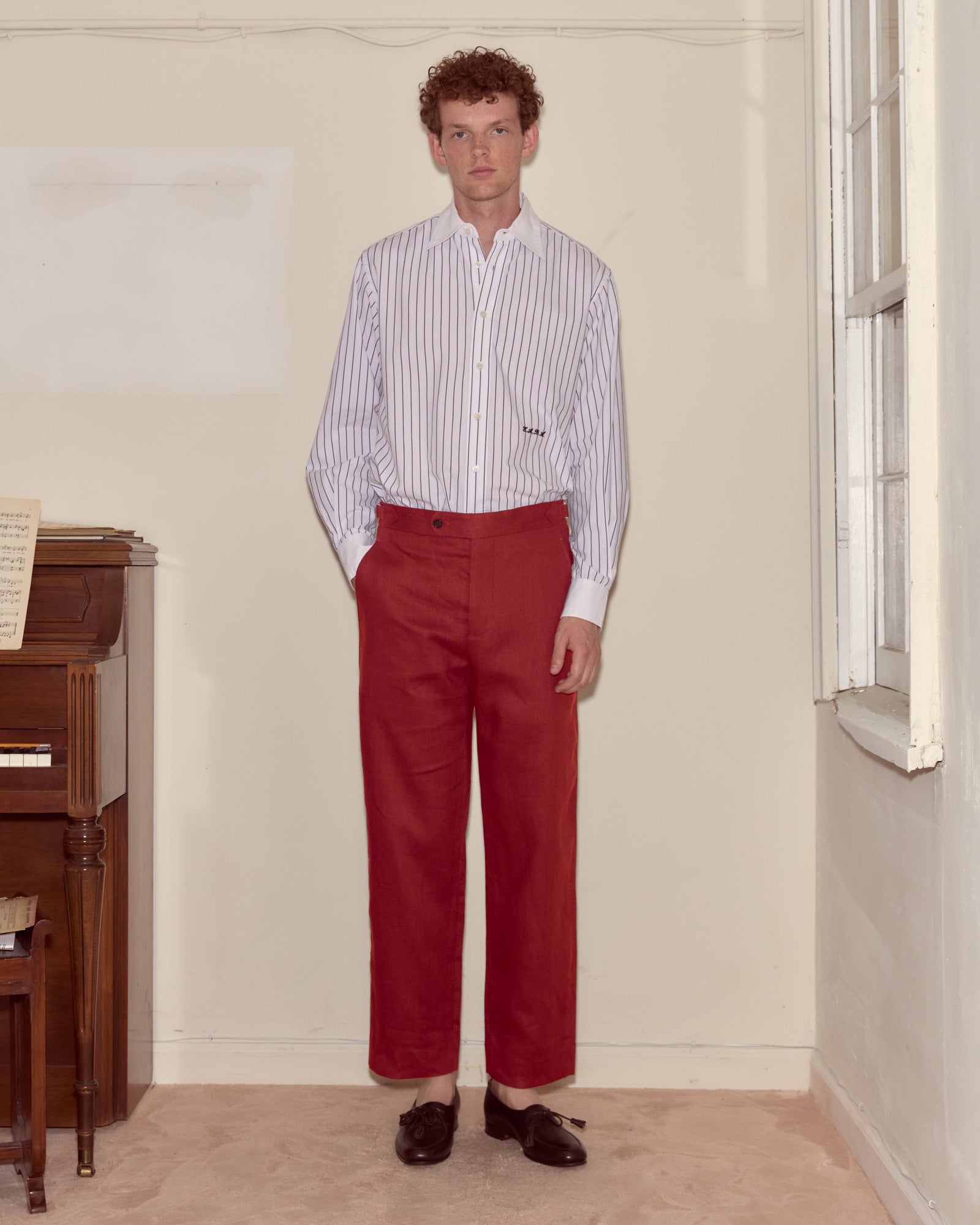 Lightweight Linen Side-Buckle Trousers - Red