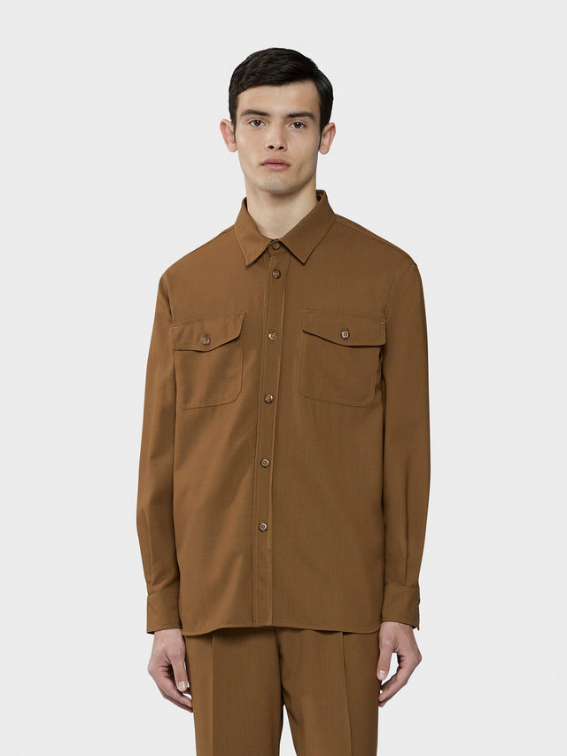 Overshirt in tropical di lana marrone "Houdini"
