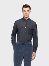 Camicia in lana e cotone effetto denim blu scuro