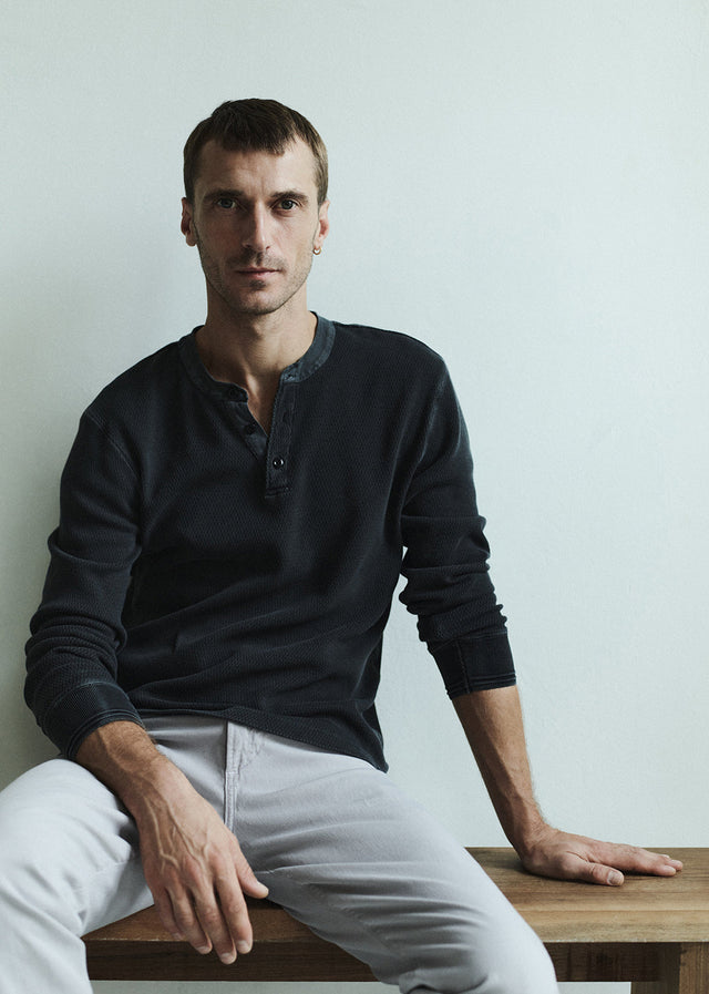 Waffle Three Button Henley in Charred Cedar
