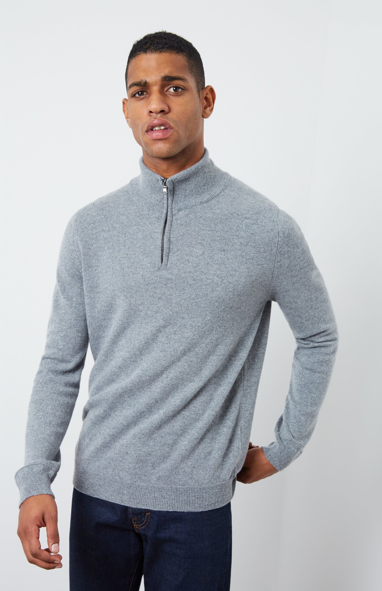 Zip Neck Cashmere Jumper In Flannel Grey