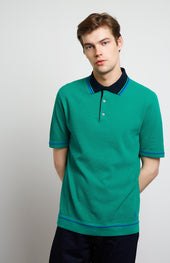 Contrast Tipped Cotton Polo Shirt In Grass/Cobalt