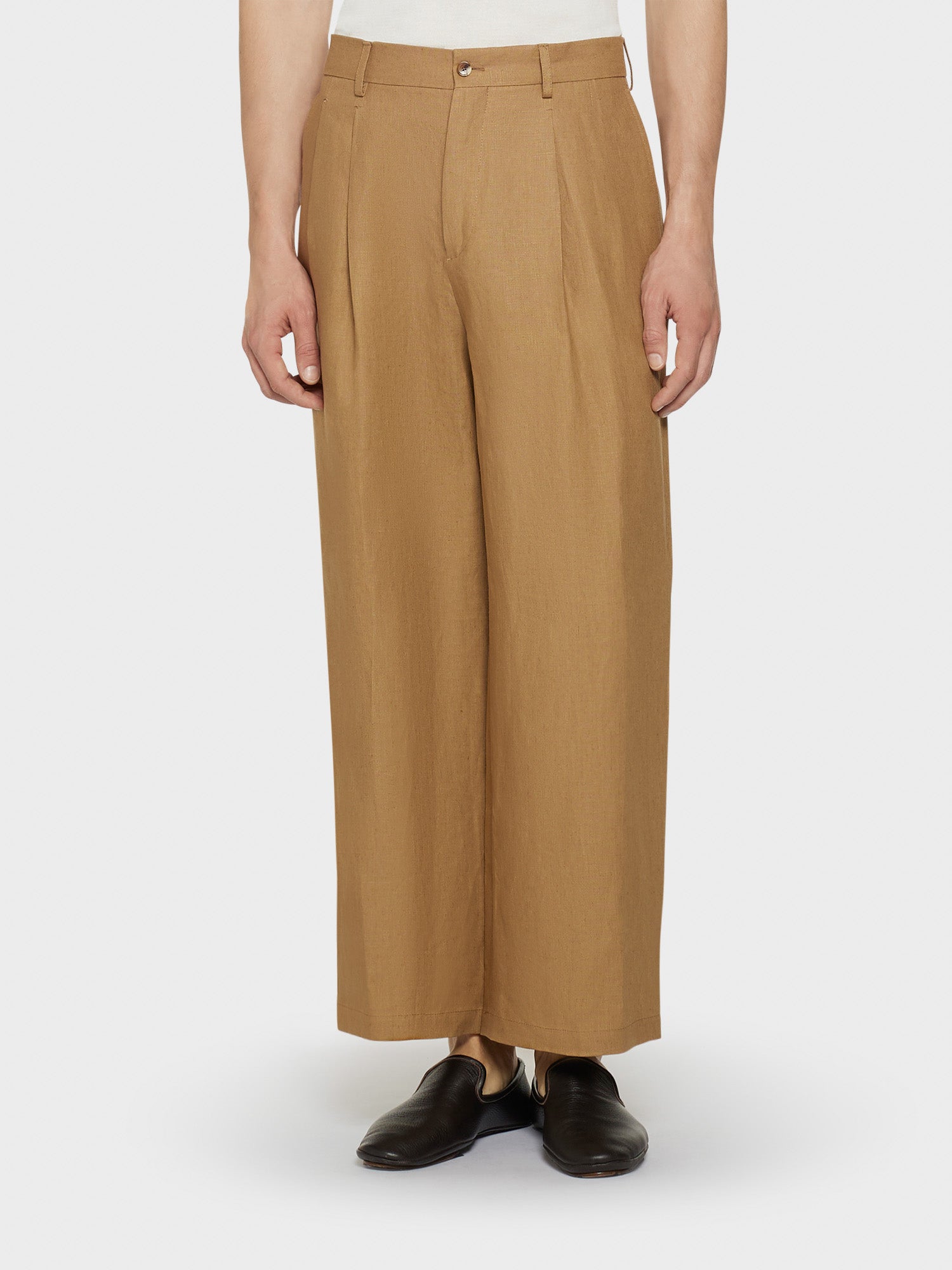 Pantalone Ampio In Lino Irlandese Color Cammello
