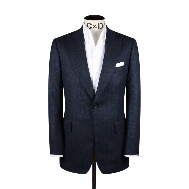 Single Breasted Peak Lapel Jacket in Navy Silk Herringbone