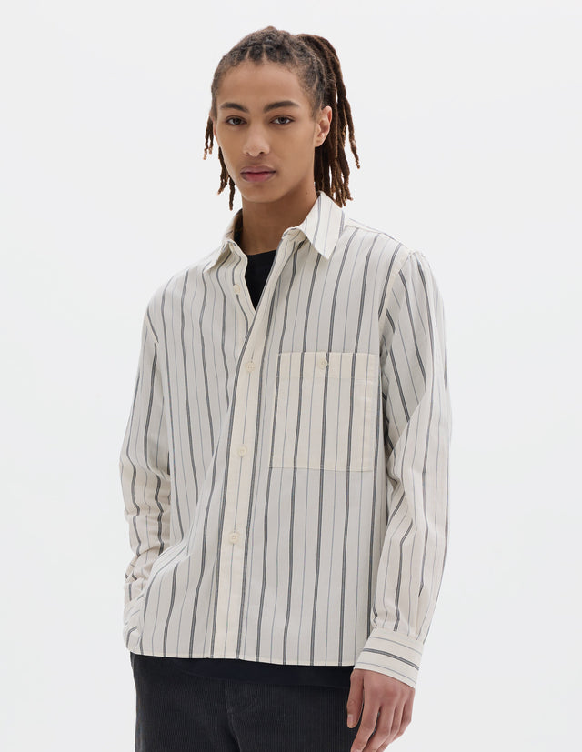 MHL. OVERALL SHIRT | JAPANESE WIDE STRIPE COTTON BLEND | OFF WHITE / NAVY
