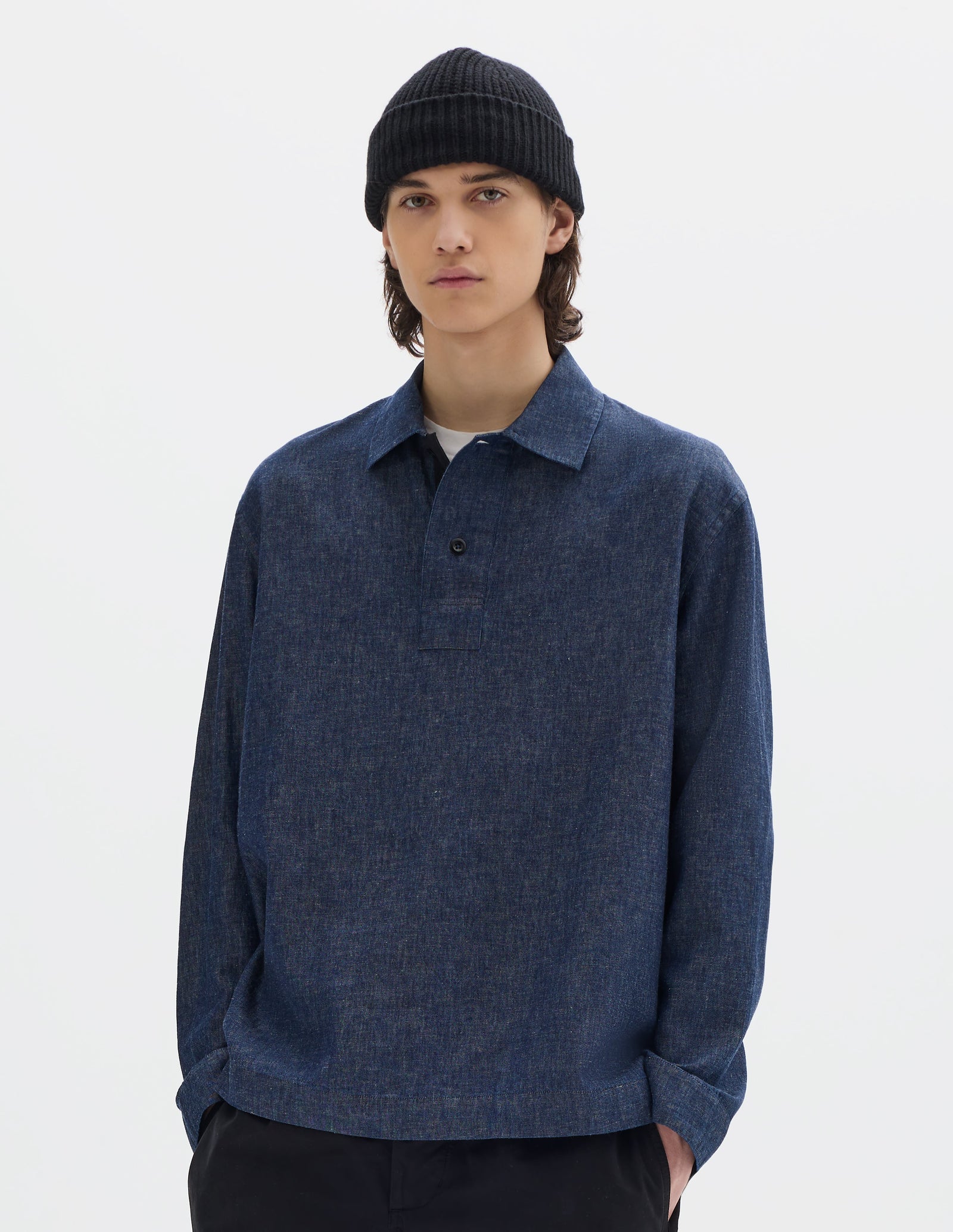 Mhl Long Sleeve Offset Placket Polo Shirt Japanese Cotton Linen Denim