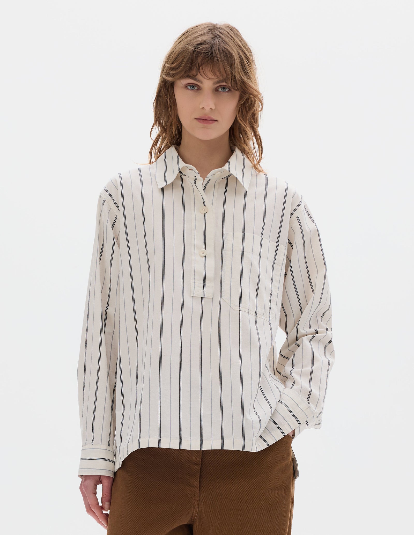 Mhl Long Pull On Shirt Japanese Wide Stripe Cotton Blend Off White