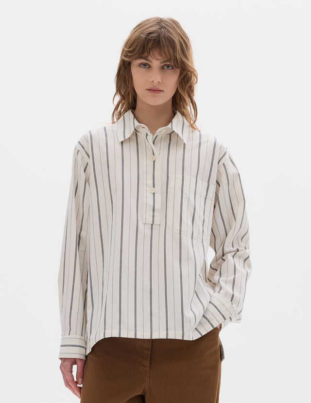 MHL. LONG PULL ON SHIRT | JAPANESE WIDE STRIPE COTTON BLEND | OFF WHITE / NAVY