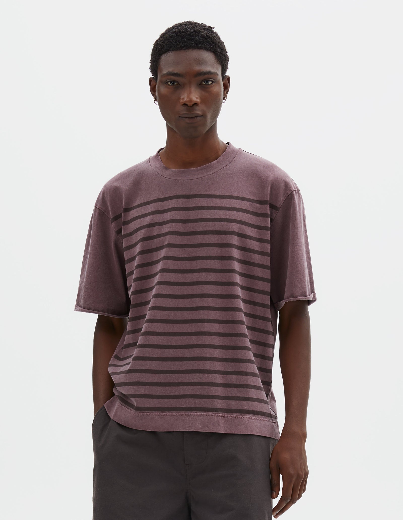 Mhl Overdye Stripe T Shirt Lightweight Dry Jersey Berry Mahogany